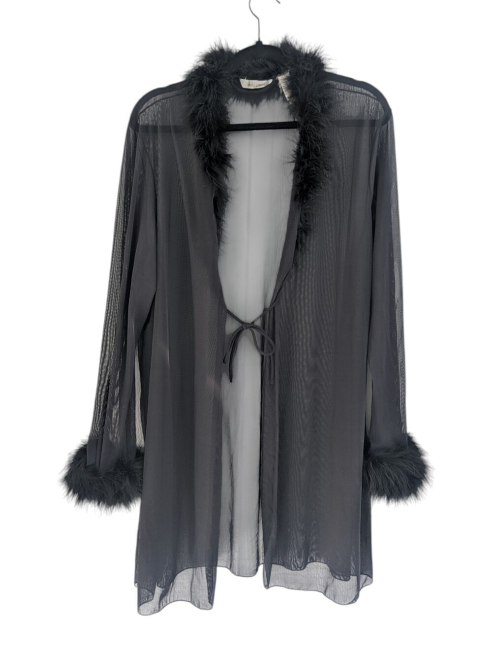 Delicates Black Mesh Feather Trim Robe
